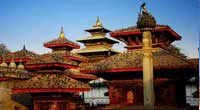 Beautiful pagoda temples surrounding the open plaza of Kathmandu Durbar Square.
