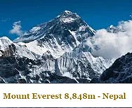 Mount Everest, the world's highest mountain, with snow-covered Himalayan peaks in Nepal