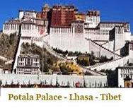 The historic Potala Palace in Lhasa, Tibet, with its white and red walls atop Marpo Ri Hill