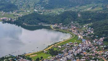 Panoramic view of Phewa Lake and Pokhara Valley in Nepal